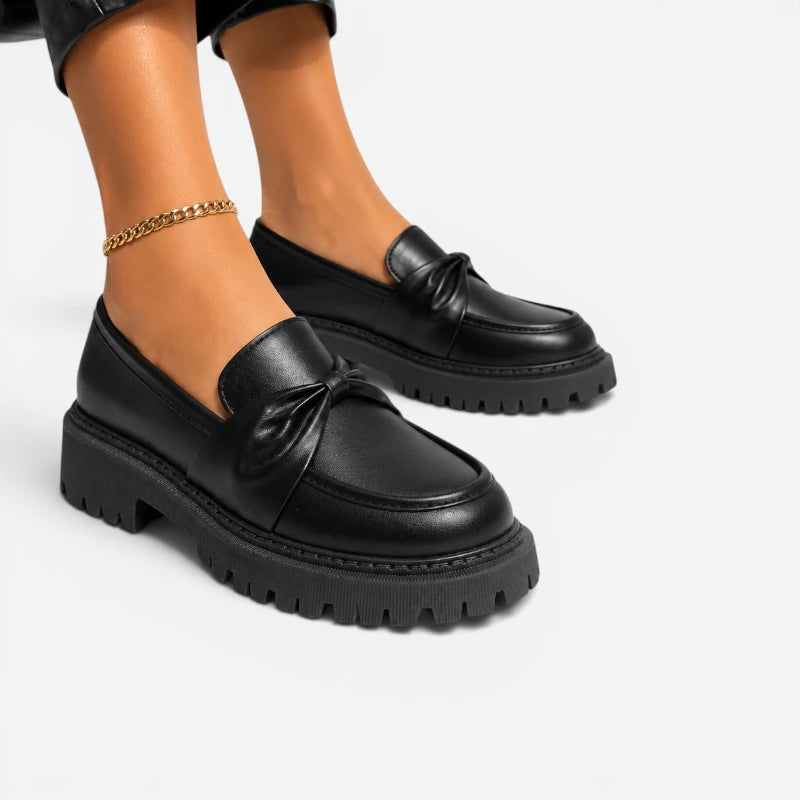 Mocassin Plateforme Compensée Noir Avec Noeud Femme