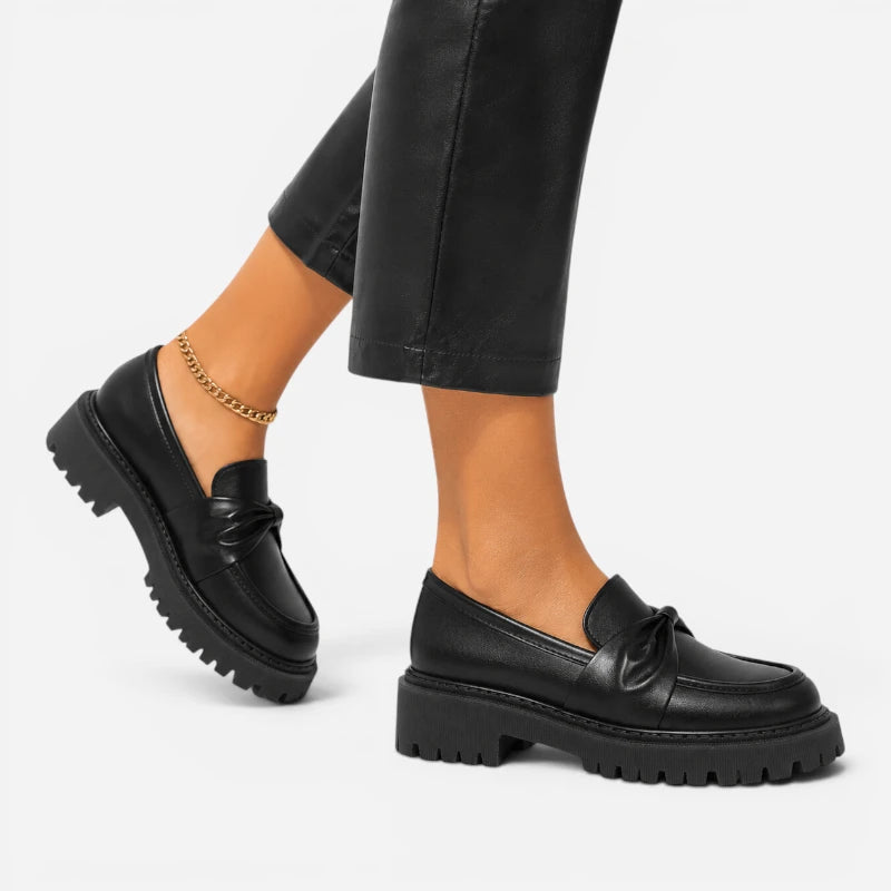 Mocassin Plateforme Compensée Noir Avec Noeud Femme
