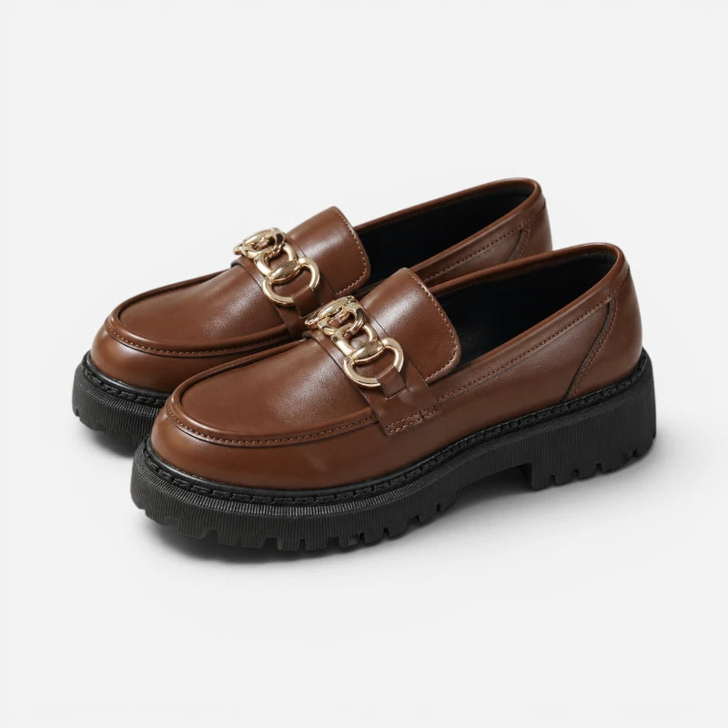 Mocassin Plateforme Compensée Marron À Chaine Dorée Femme
