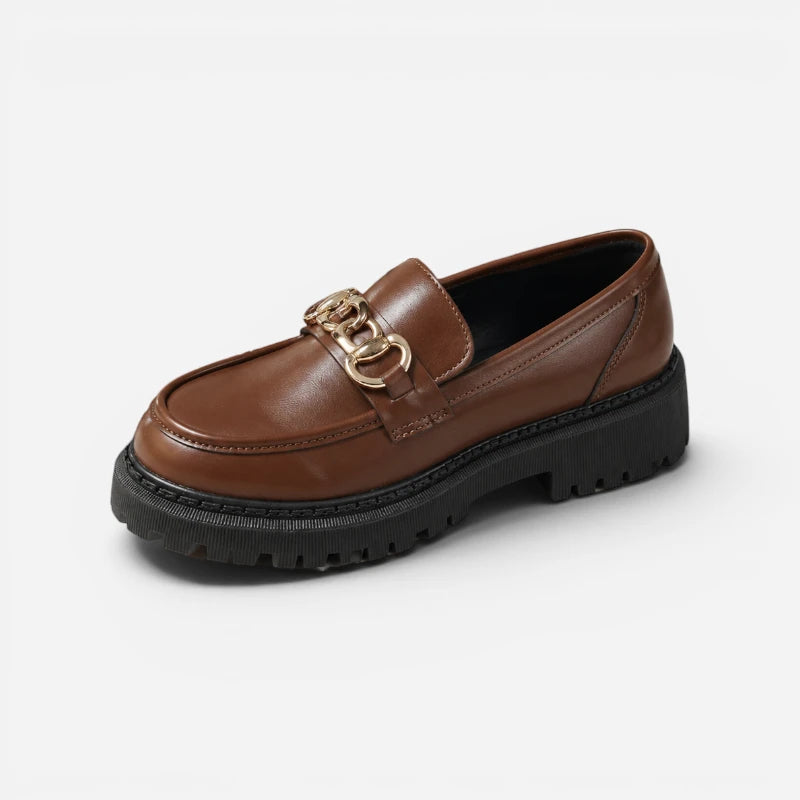 Mocassin Plateforme Compensée Marron À Chaine Dorée Femme