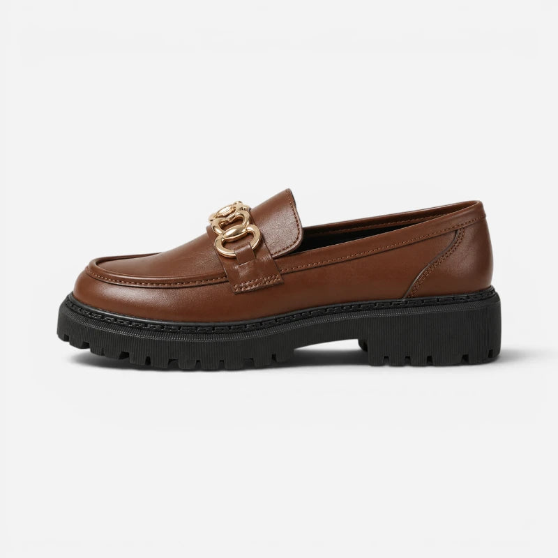 Mocassin Plateforme Compensée Marron À Chaine Dorée Femme