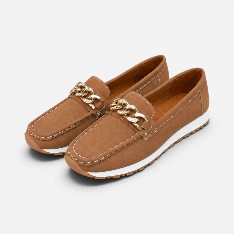 Mocassin Marron Compensé À Chaine Dorée