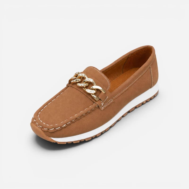 Mocassin Marron Compensé À Chaine Dorée
