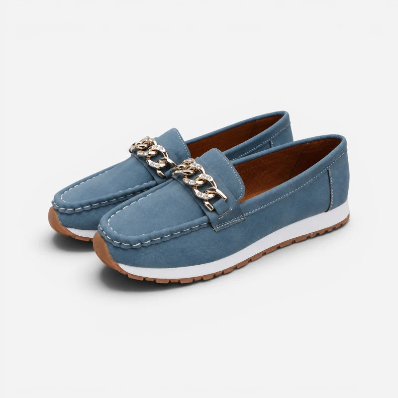 Mocassin Bleu Semelle Compensée À Chaine Dorée