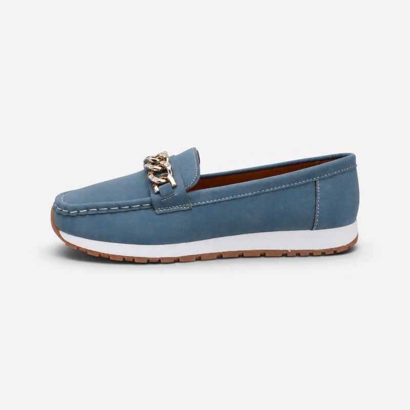Mocassin Bleu Semelle Compensée À Chaine Dorée