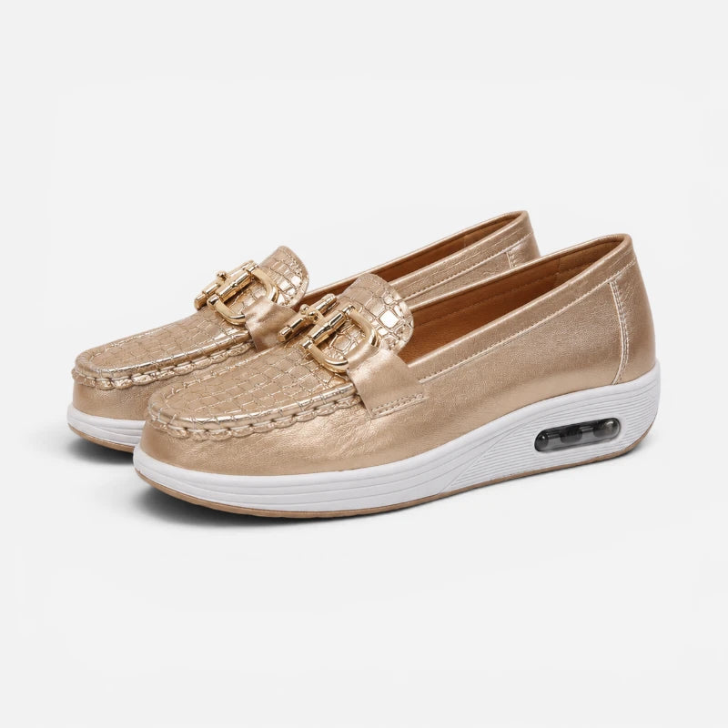 Mocassin Compensé Confort Respirant Mors Et Cuir Doré Femme