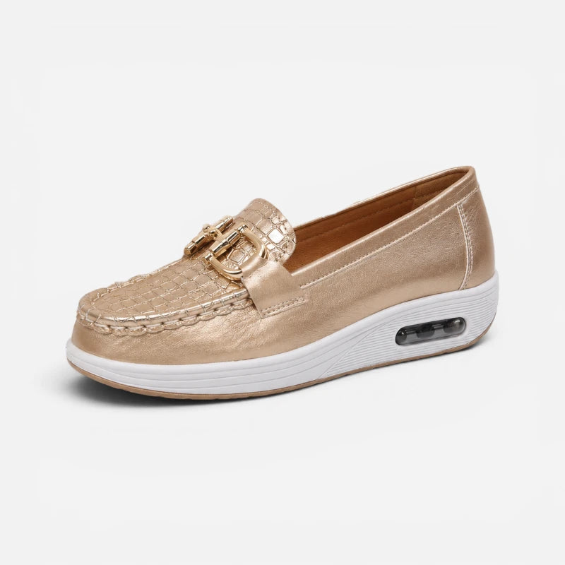 Mocassin Compensé Confort Respirant Mors Et Cuir Doré Femme