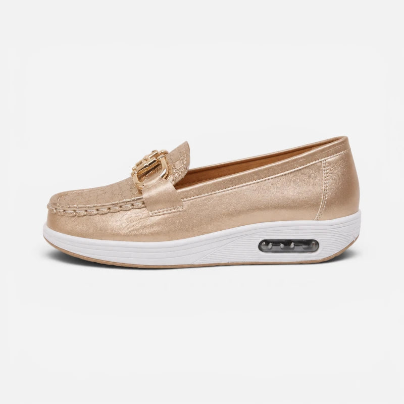 Mocassin Compensé Confort Respirant Mors Et Cuir Doré Femme