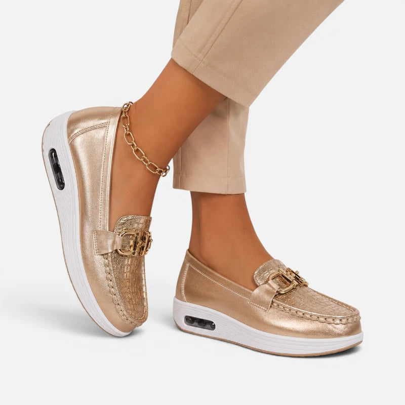 Mocassin Compensé Confort Respirant Mors Et Cuir Doré Femme