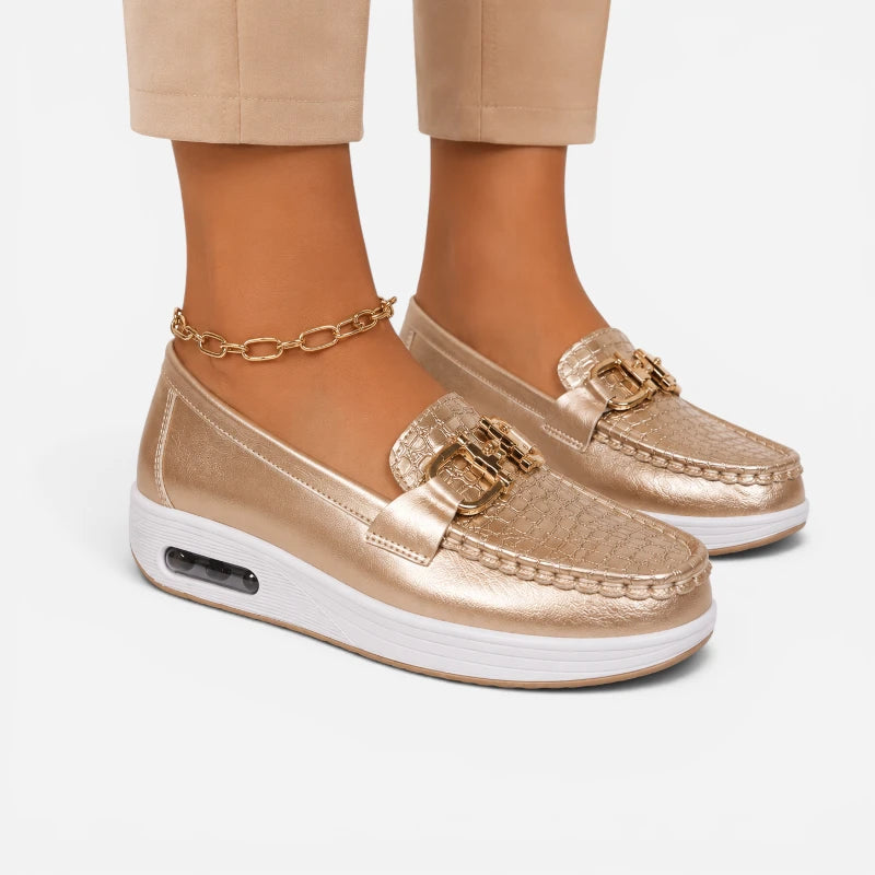 Mocassin Compensé Confort Respirant Mors Et Cuir Doré Femme