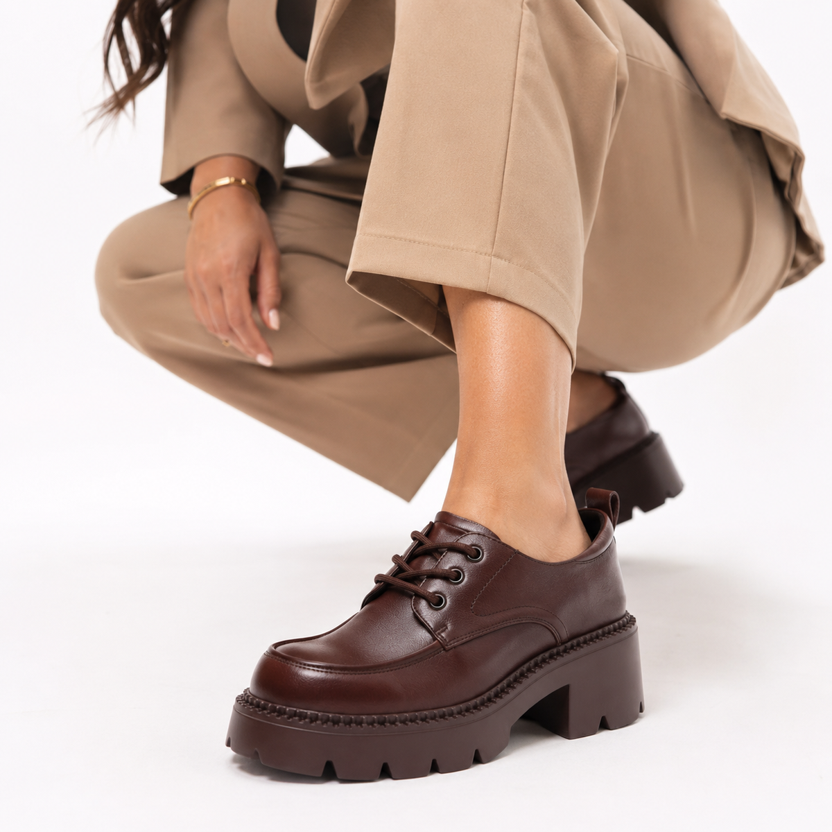 Mocassin Plateforme Cuir Marron À Lacet Et Talon Femme