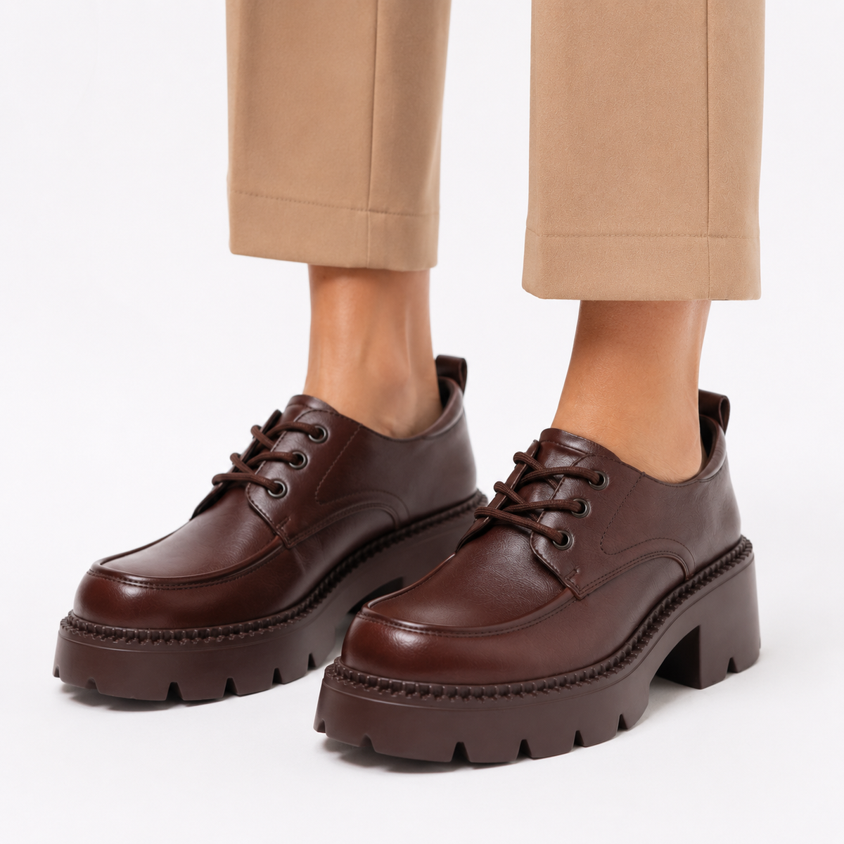 Mocassin Plateforme Cuir Marron À Lacet Et Talon Femme