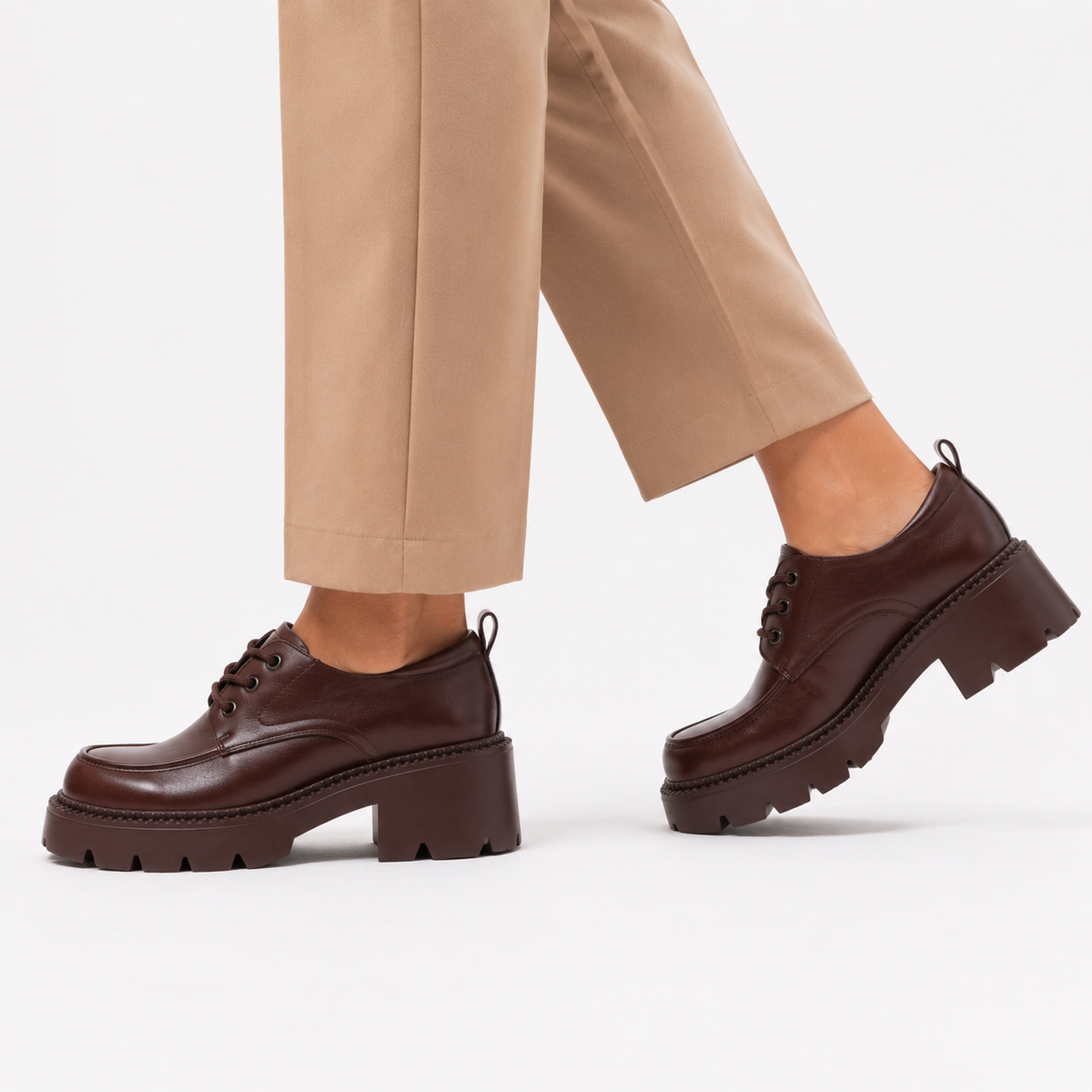 Mocassin Plateforme Cuir Marron À Lacet Et Talon Femme