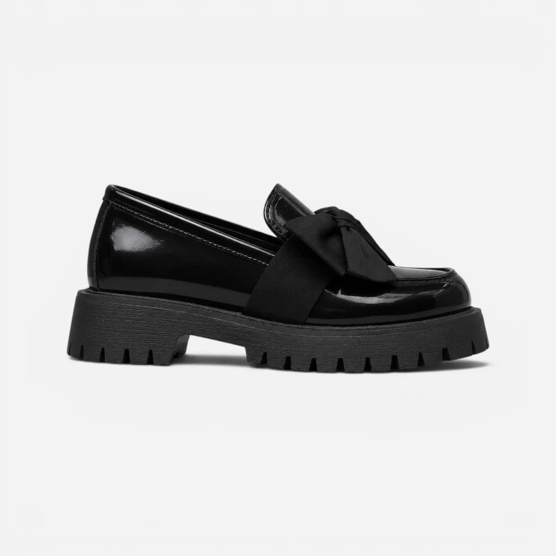 Mocassin Compensé En Cuir Vernis Noir À Noeud Papillon