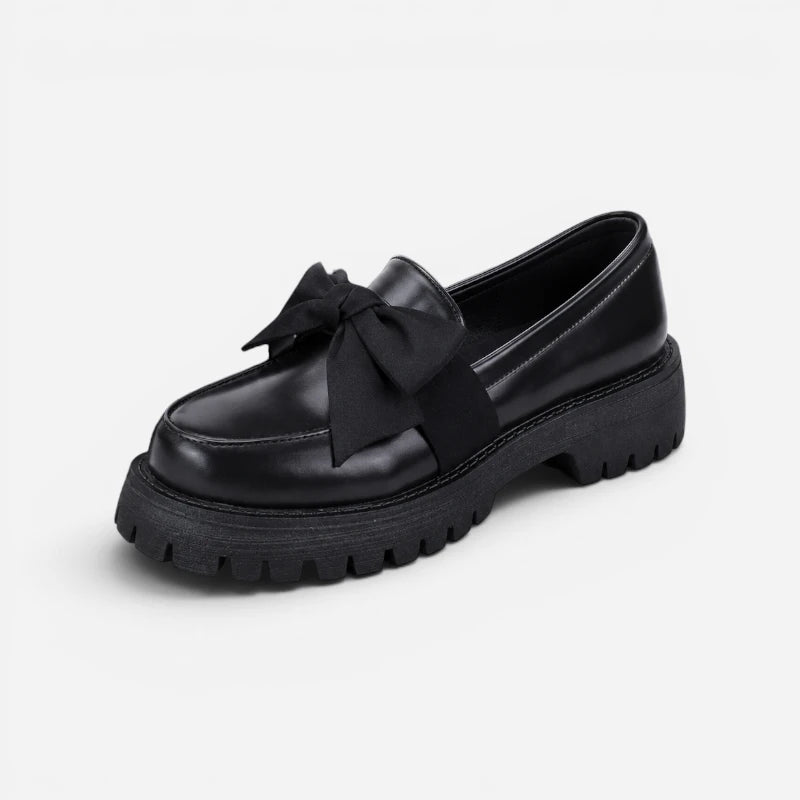 Mocassin Compensé En Cuir Noir Mate À Noeud Papillon Pour Femme