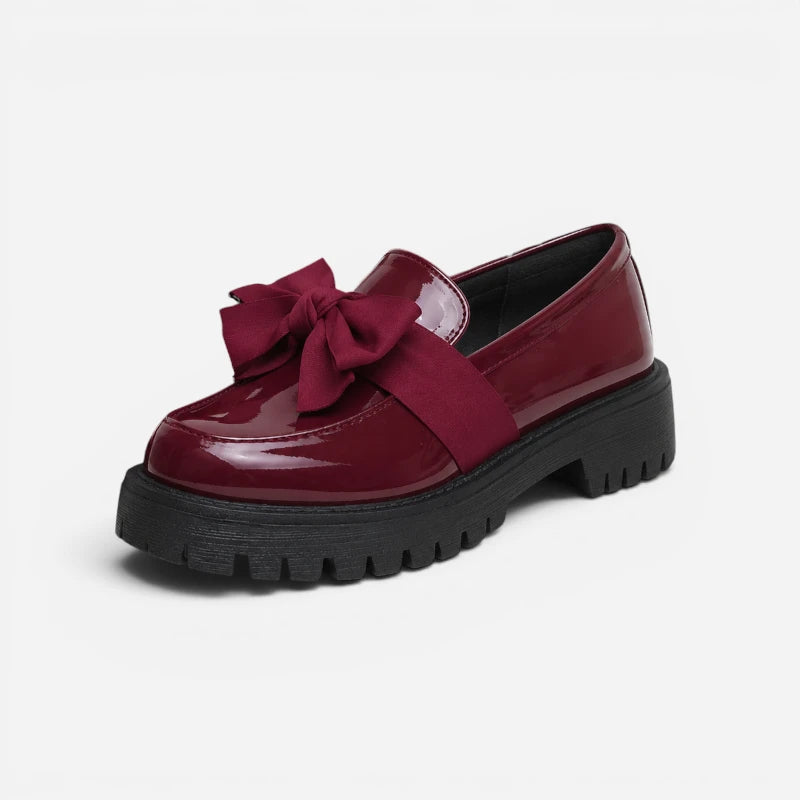 Mocassin Compensé Femme Bordeaux Vernis Avec Noeud Papillon