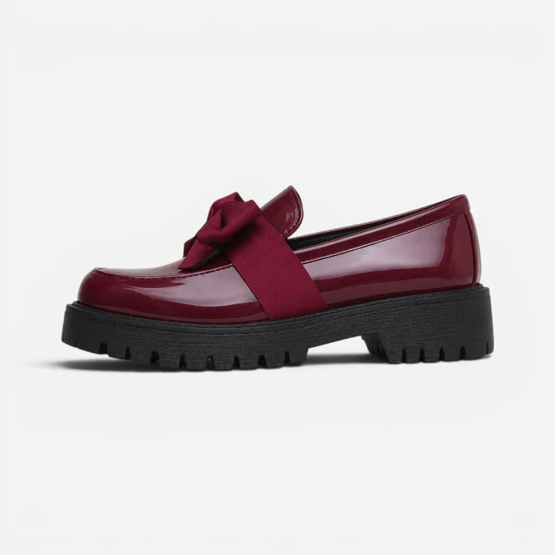 Mocassin Compensé Femme Bordeaux Vernis Avec Noeud Papillon