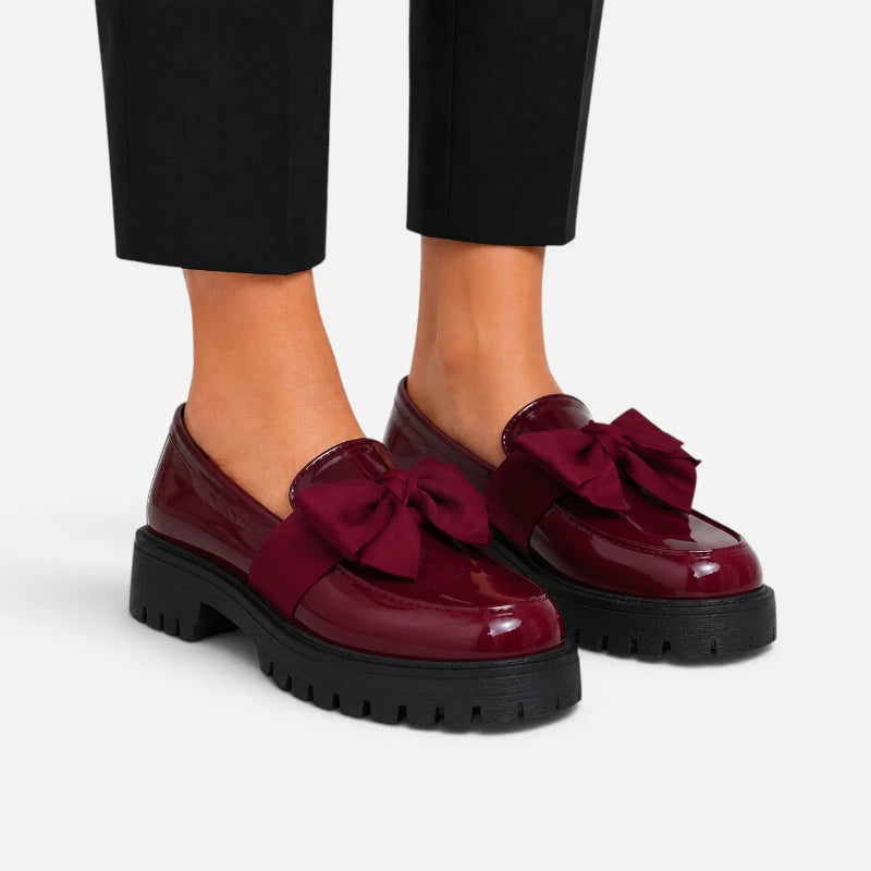 Mocassin Compensé Femme Bordeaux Vernis Avec Noeud Papillon