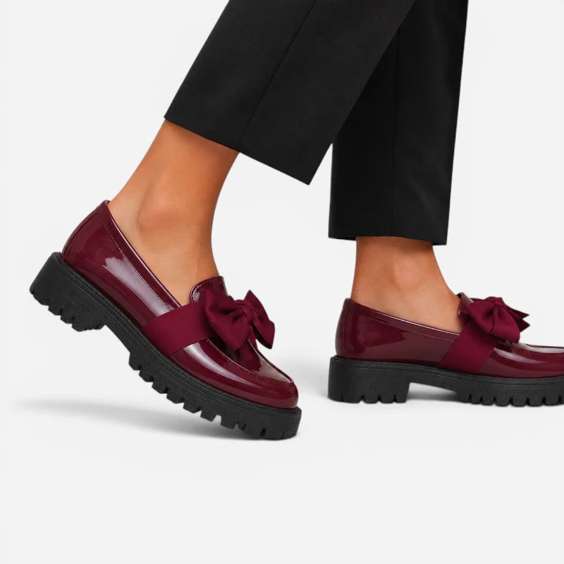 Mocassin Compensé Femme Bordeaux Vernis Avec Noeud Papillon