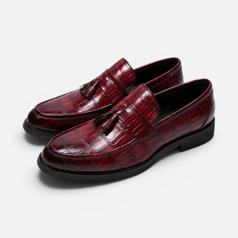 Mocassin Habillé Rouge Bordeaux À Glands Cuir Crocodile Homme
