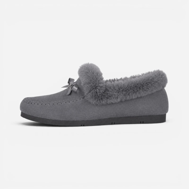 Chausson Mocassin Daim Gris Fourré Doux Avec Noeud Femme