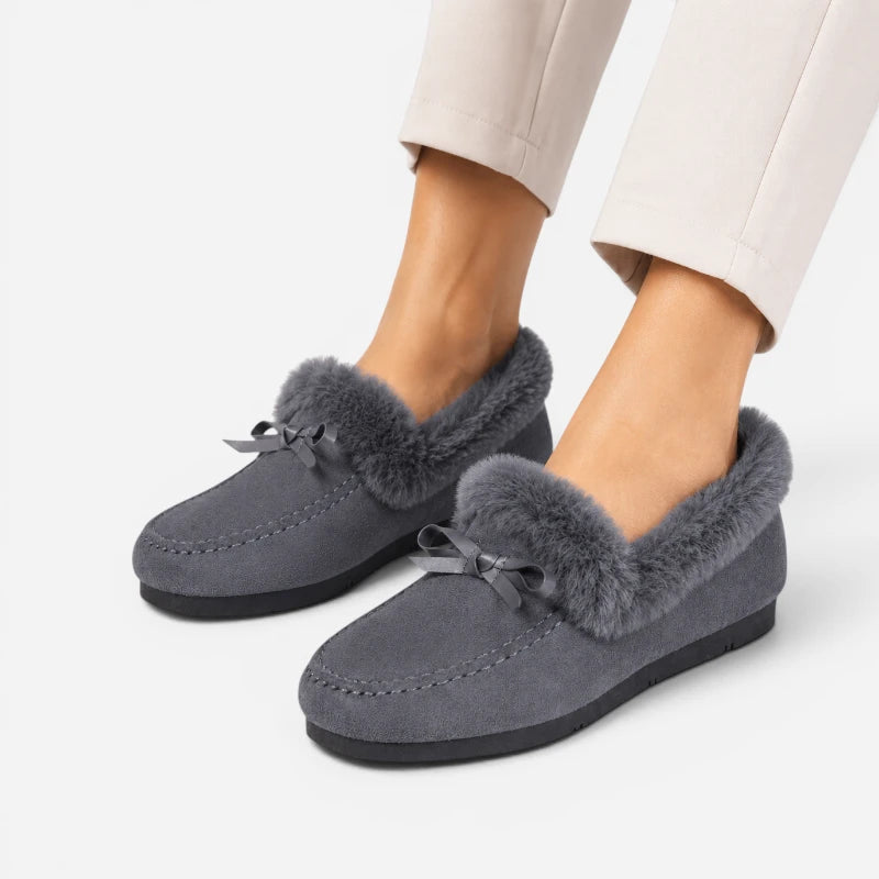 Chausson Mocassin Daim Gris Fourré Doux Avec Noeud Femme