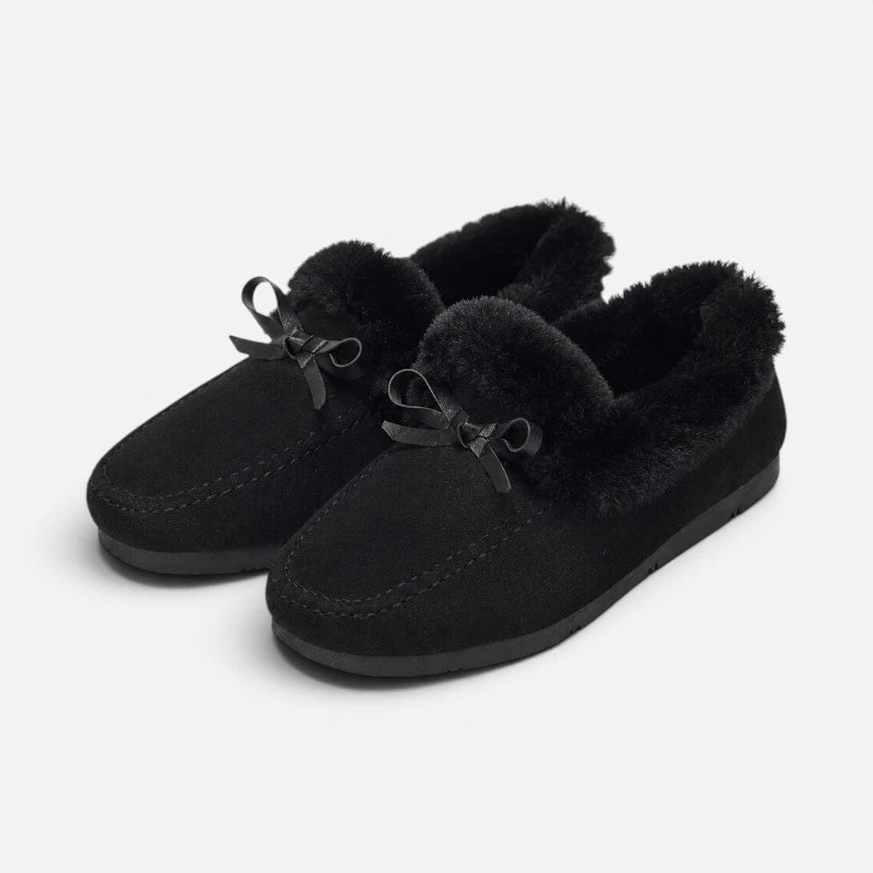 Chausson Mocassin Daim Velour Noir Fourré Doux Avec Noeud Pour Femme