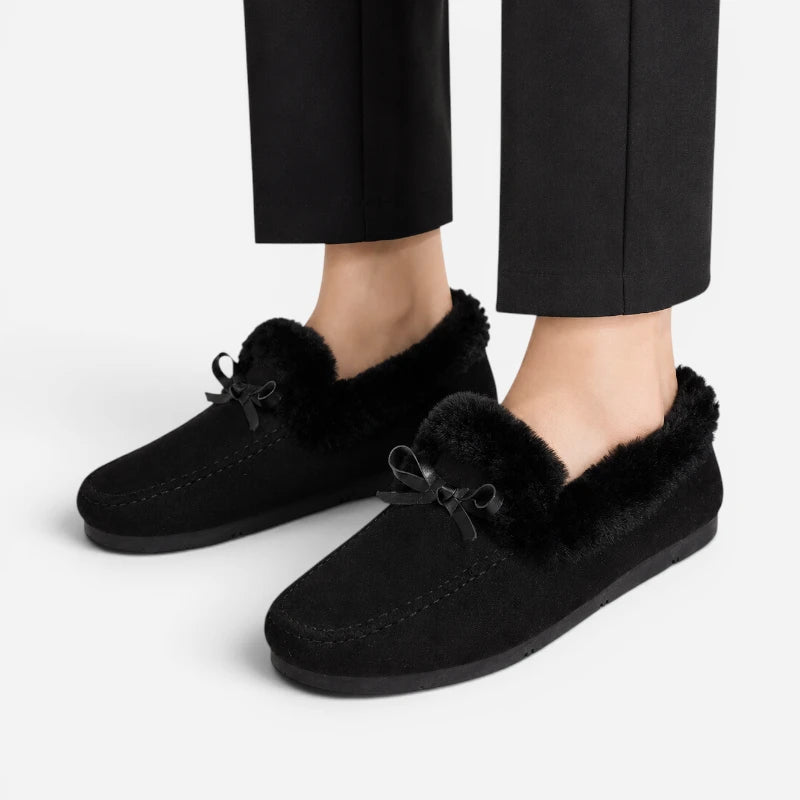 Chausson Mocassin Daim Velour Noir Fourré Doux Avec Noeud Pour Femme