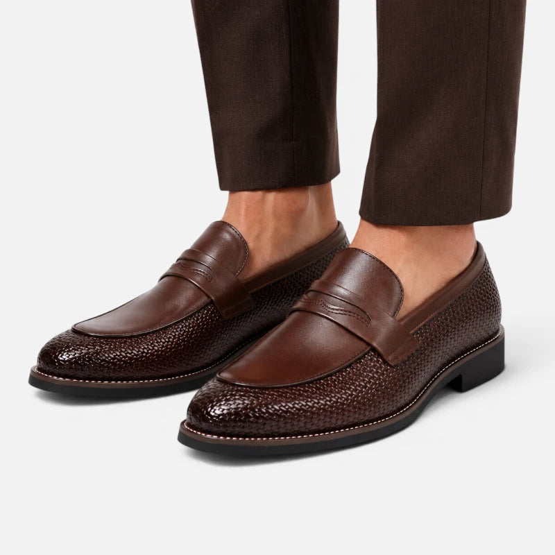 Mocassin Cuir Tressé Marron Foncé Homme