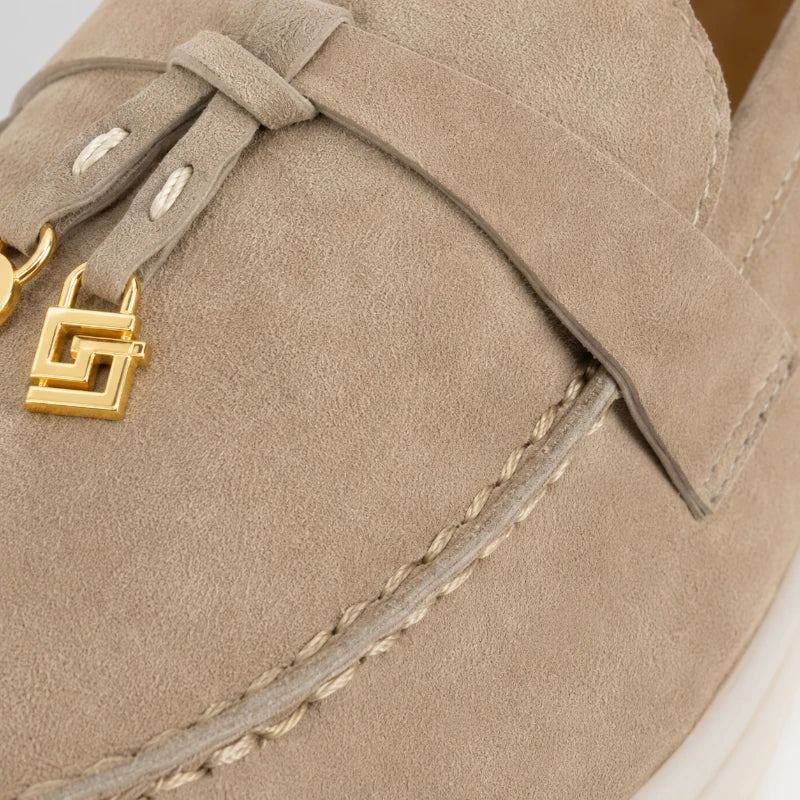 Mocassin Daim Beige Luxe Glands Dorés
