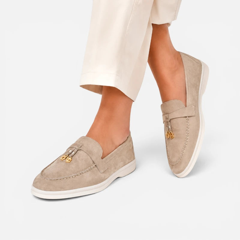 Mocassin Daim Beige Luxe Glands Dorés