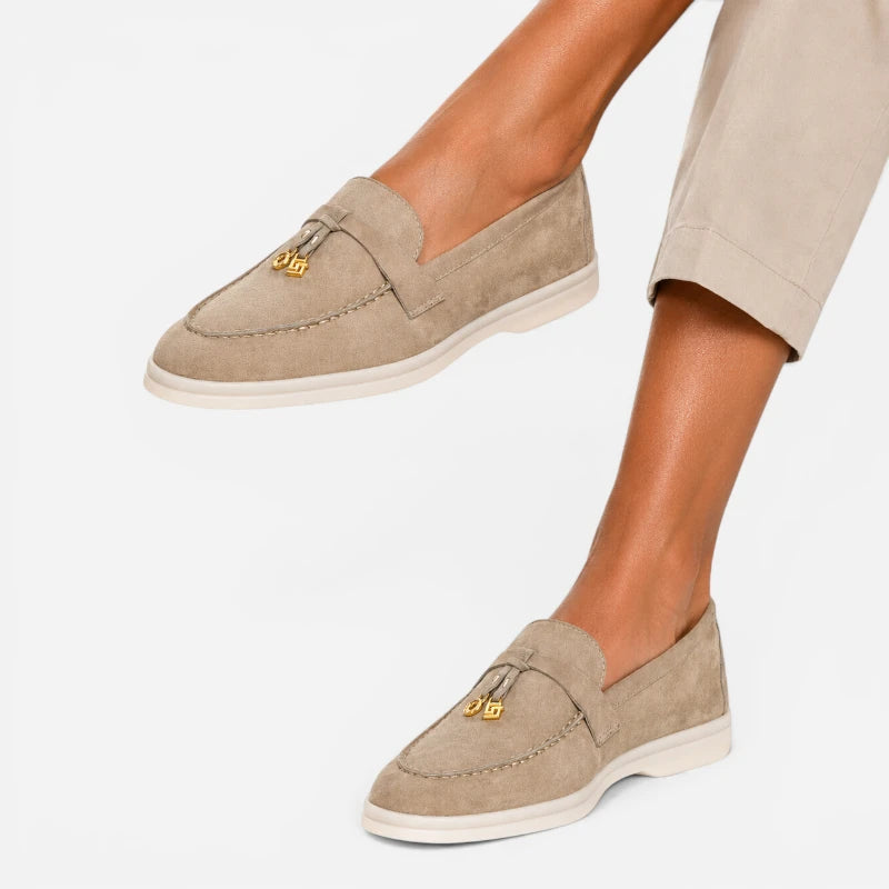 Mocassin Daim Beige Luxe Glands Dorés