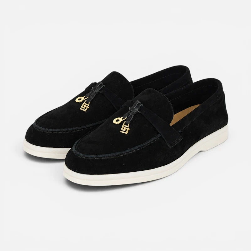 Mocassin Daim Noir Luxe Glands Dorés