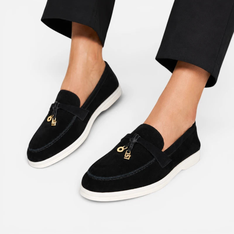 Mocassin Daim Noir Luxe Glands Dorés
