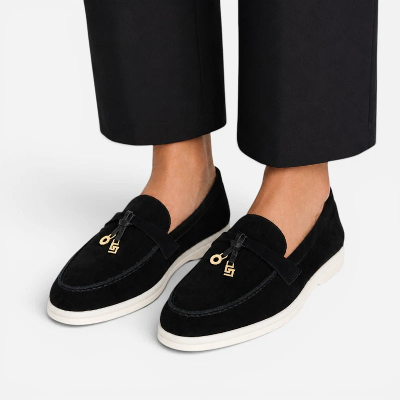 Mocassin Daim Noir Luxe Glands Dorés