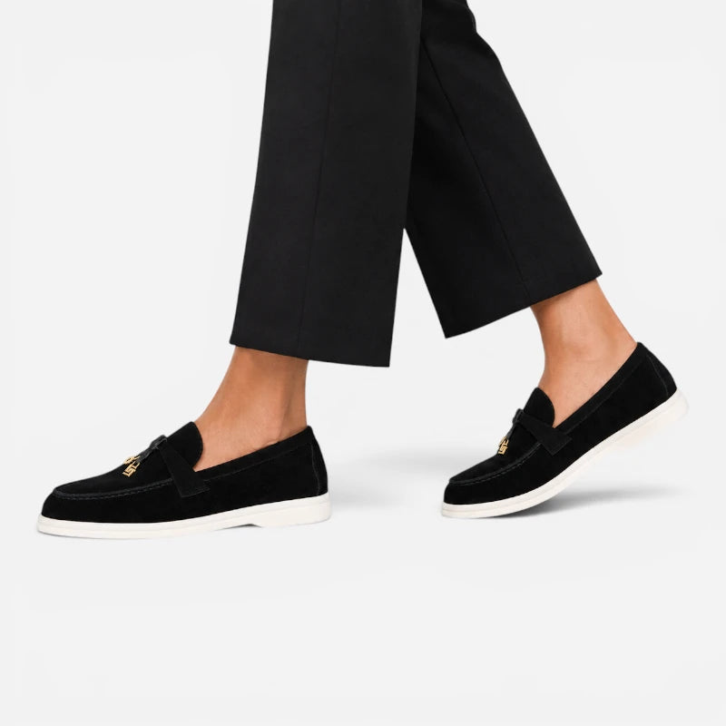 Mocassin Daim Noir Luxe Glands Dorés