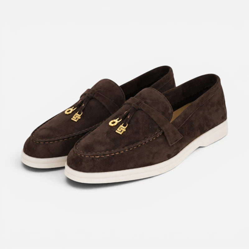 Mocassin Daim Marron Foncé Luxe Glands Dorés
