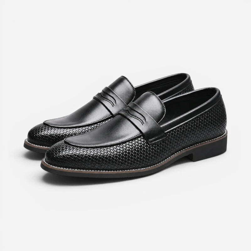 Mocassin Noir Cuir Tréssé Classe Élégant Homme