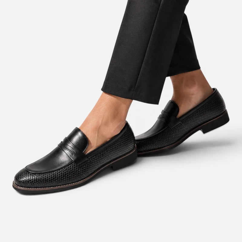 Mocassin Noir Cuir Tréssé Classe Élégant Homme