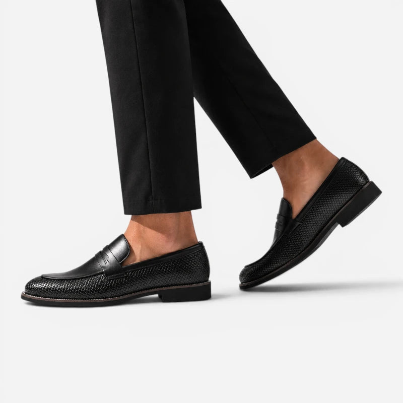 Mocassin Noir Cuir Tréssé Classe Élégant Homme
