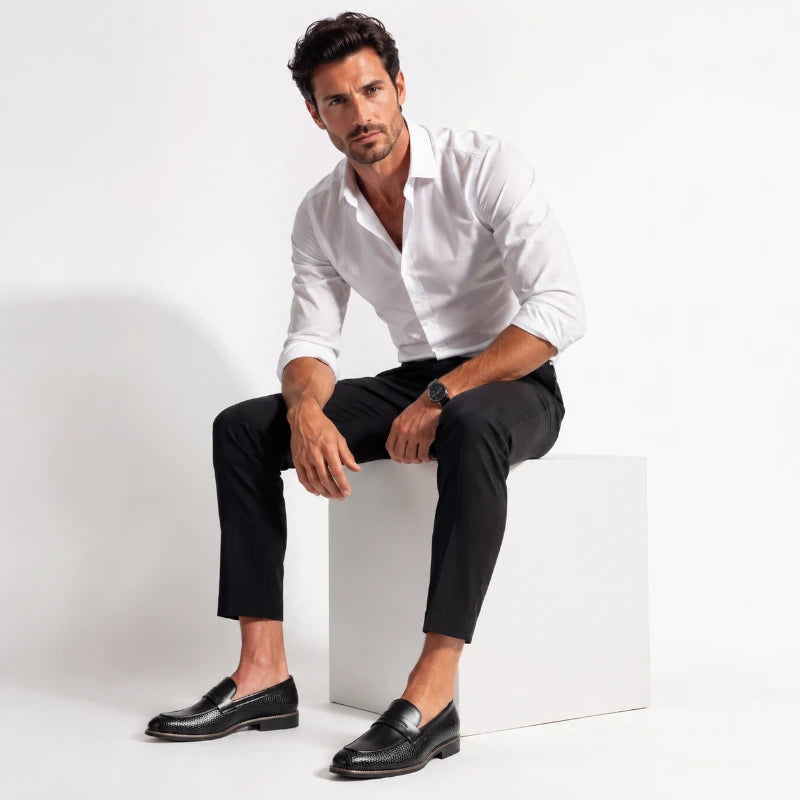 Mocassin Noir Cuir Tréssé Classe Élégant Homme