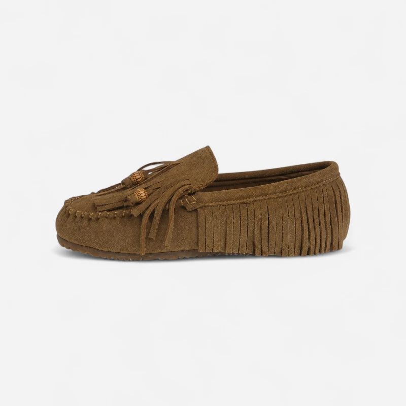 Mocassin Indien En Daim Marron À Frange Pour Femme