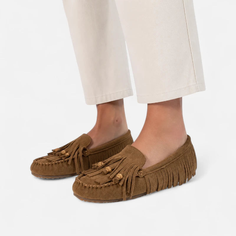 Mocassin Indien En Daim Marron À Frange Pour Femme