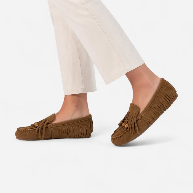 Mocassin Indien En Daim Marron À Frange Pour Femme