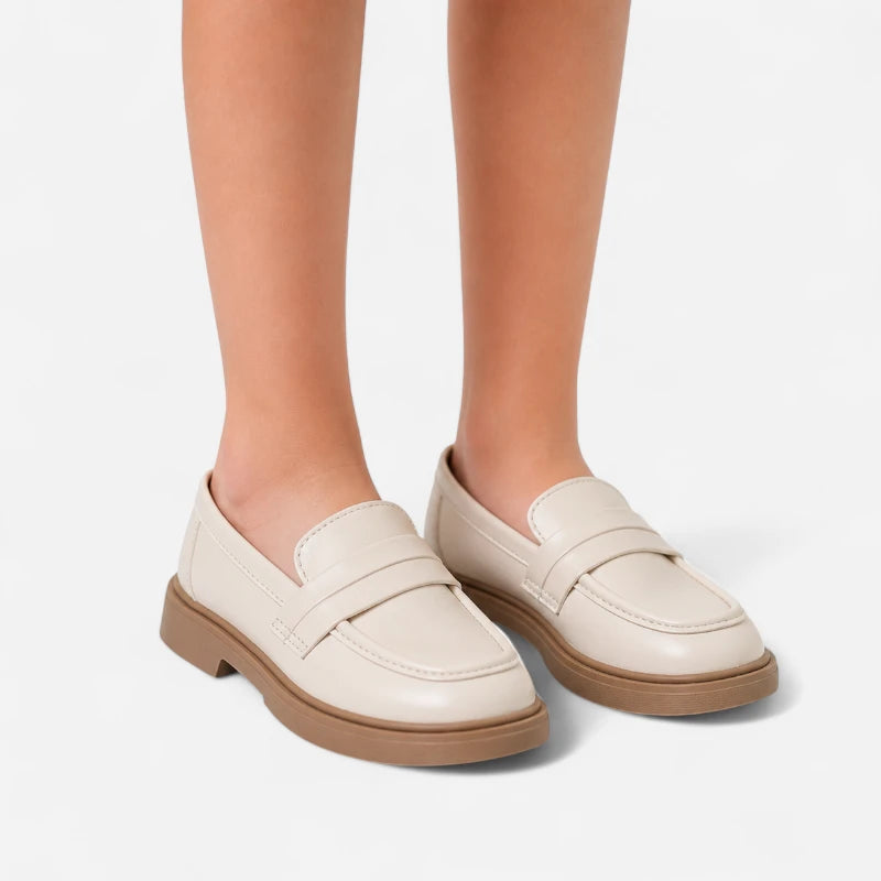 Mocassin Fillette Beige Et Marron Compensé En Cuir