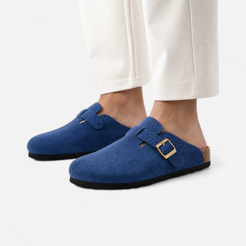 Chausson Mocassin Mule Daim Suede Bleu Ouvert Derrière