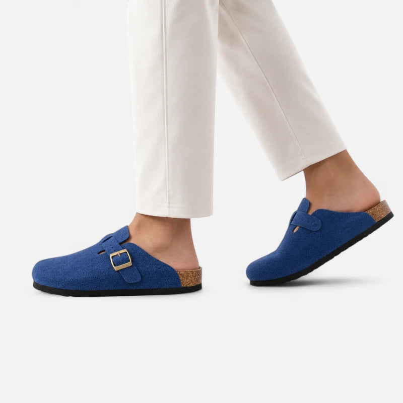 Chausson Mocassin Mule Daim Suede Bleu Ouvert Derrière
