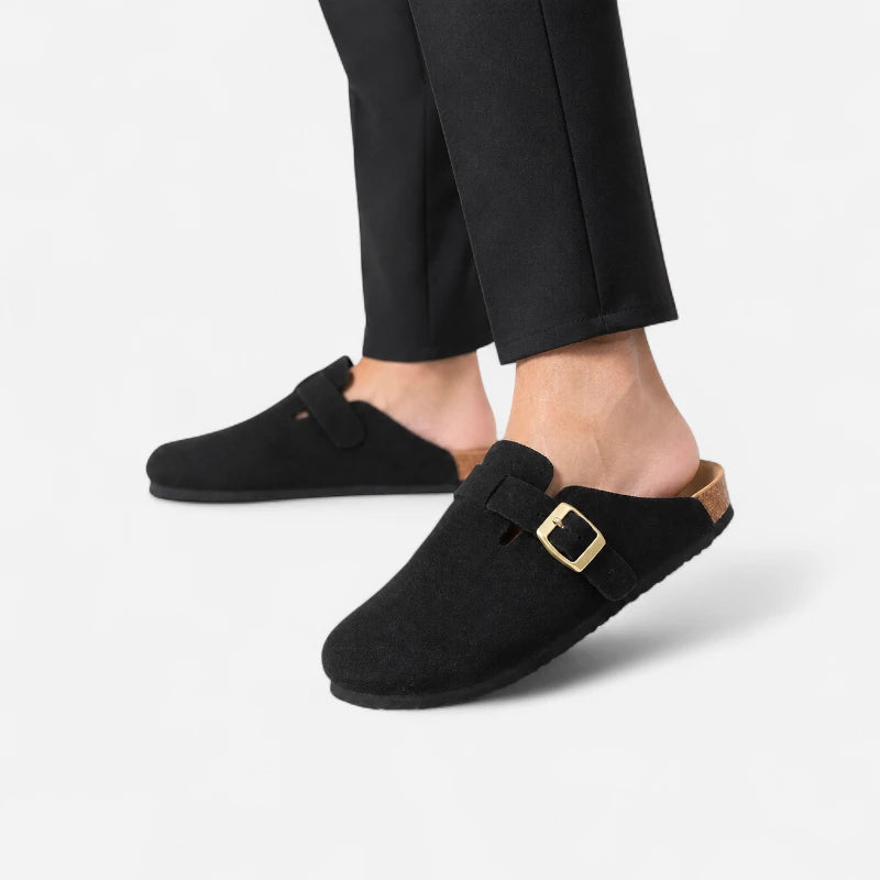 Chausson Mocassin Mule Ouvert Derrière En Daim Suede Noir
