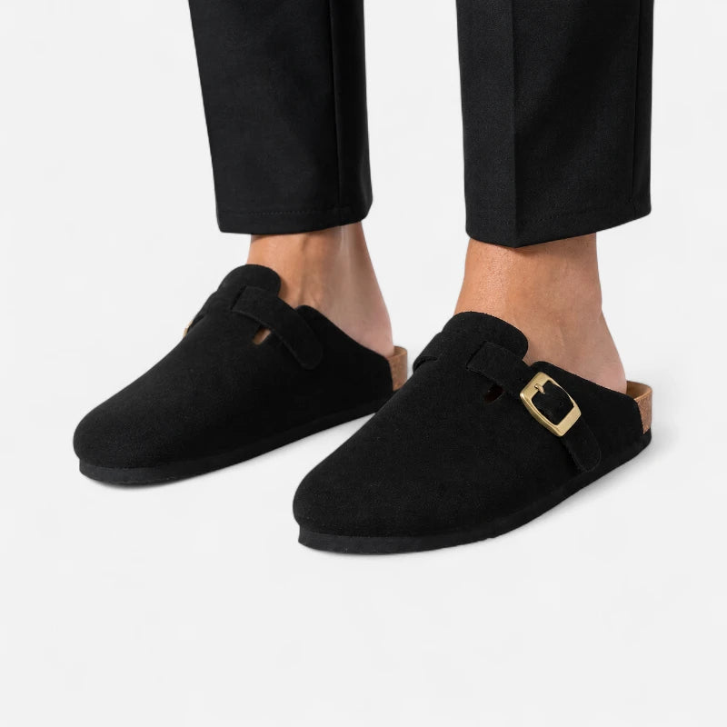 Chausson Mocassin Mule Ouvert Derrière En Daim Suede Noir
