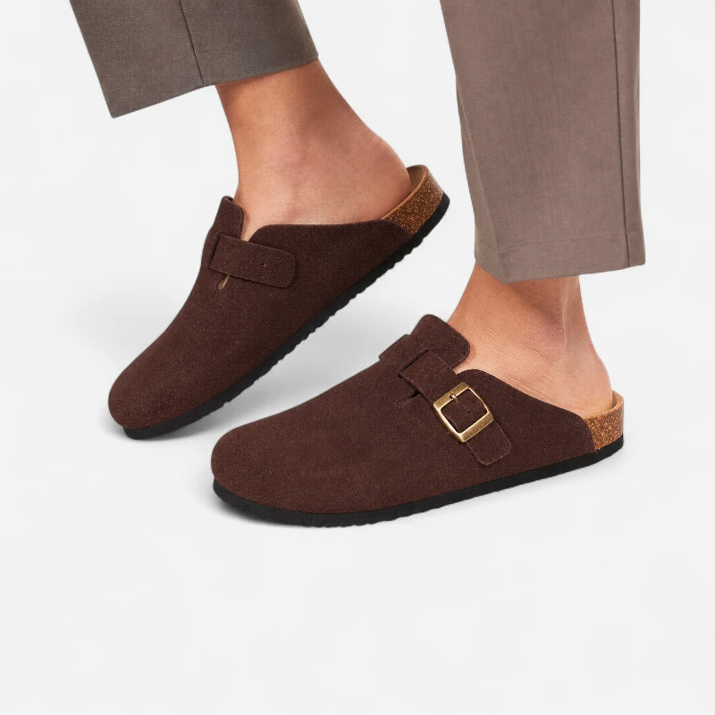 Chausson Mocassin Daim Nubuck Marron Foncé Mule Ouvert Derrière Unisexe